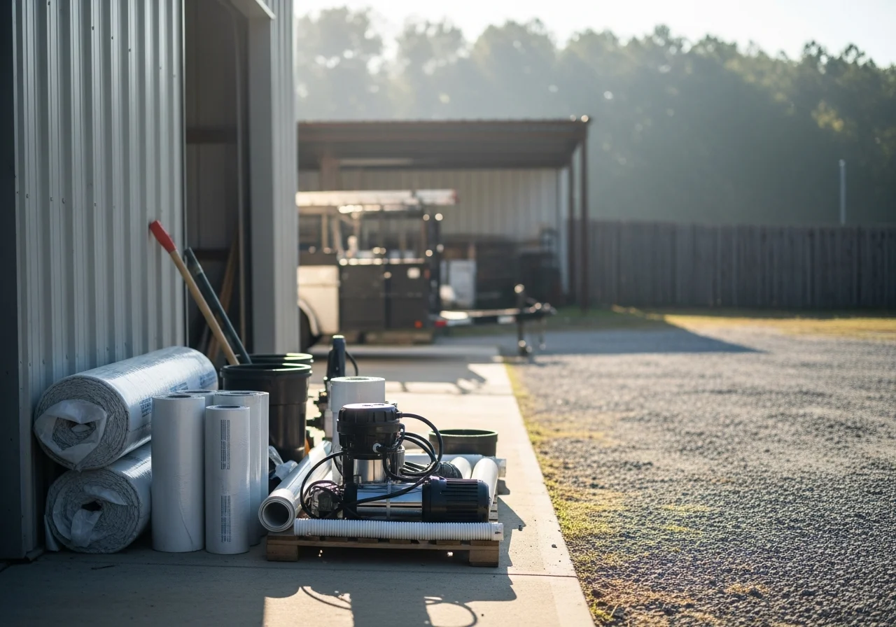 Crew equipment and tools staged for crawlspace encapsulation and drainage work.