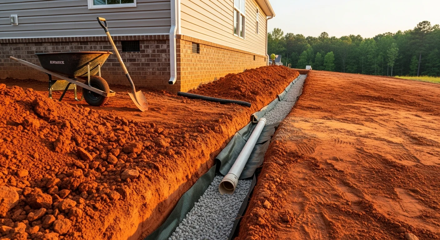 French drainage system and land grading for foundation protection