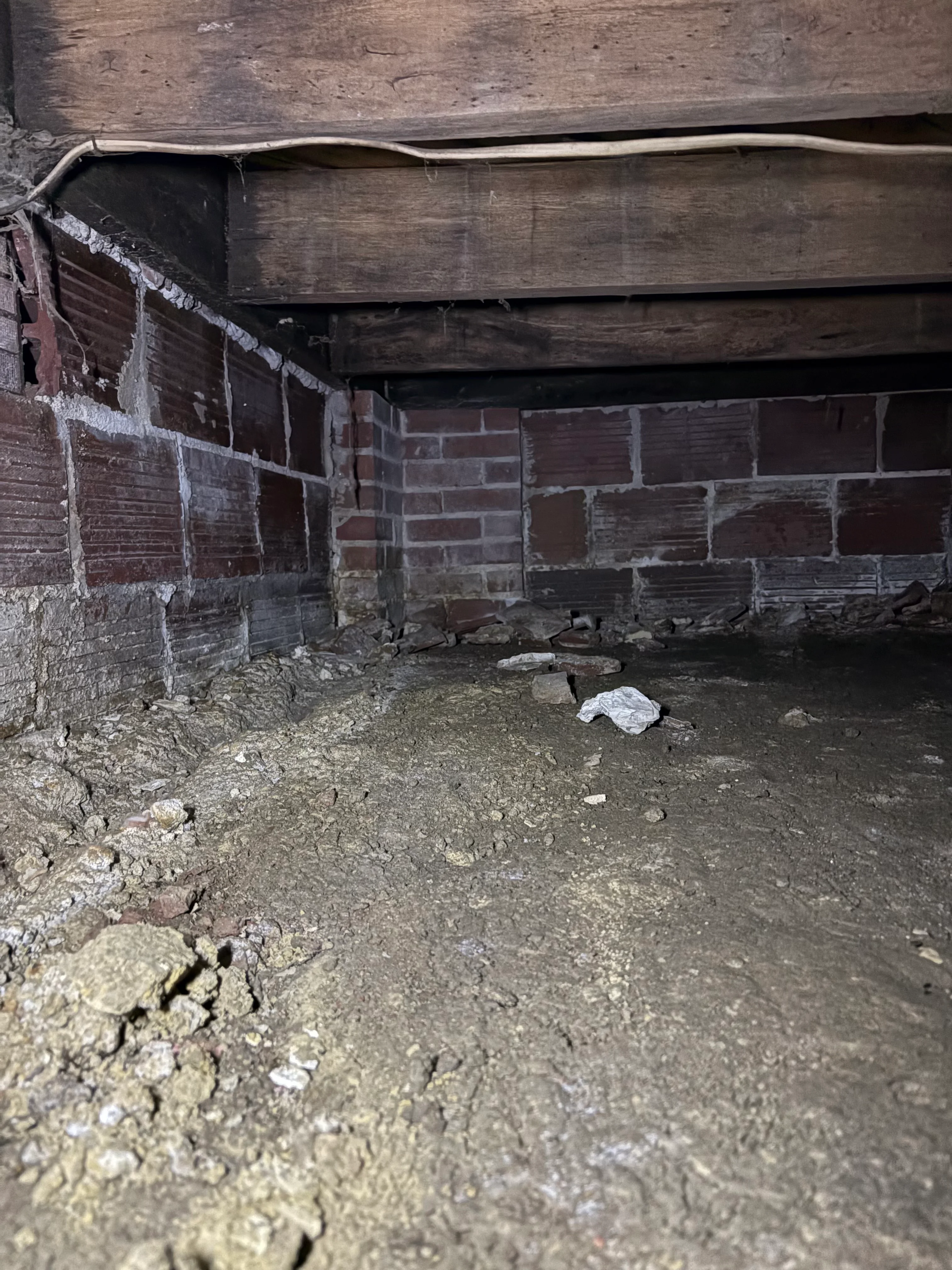 Crawl space interior with brick foundation walls, wooden beams, and dirt floor showing moisture damage