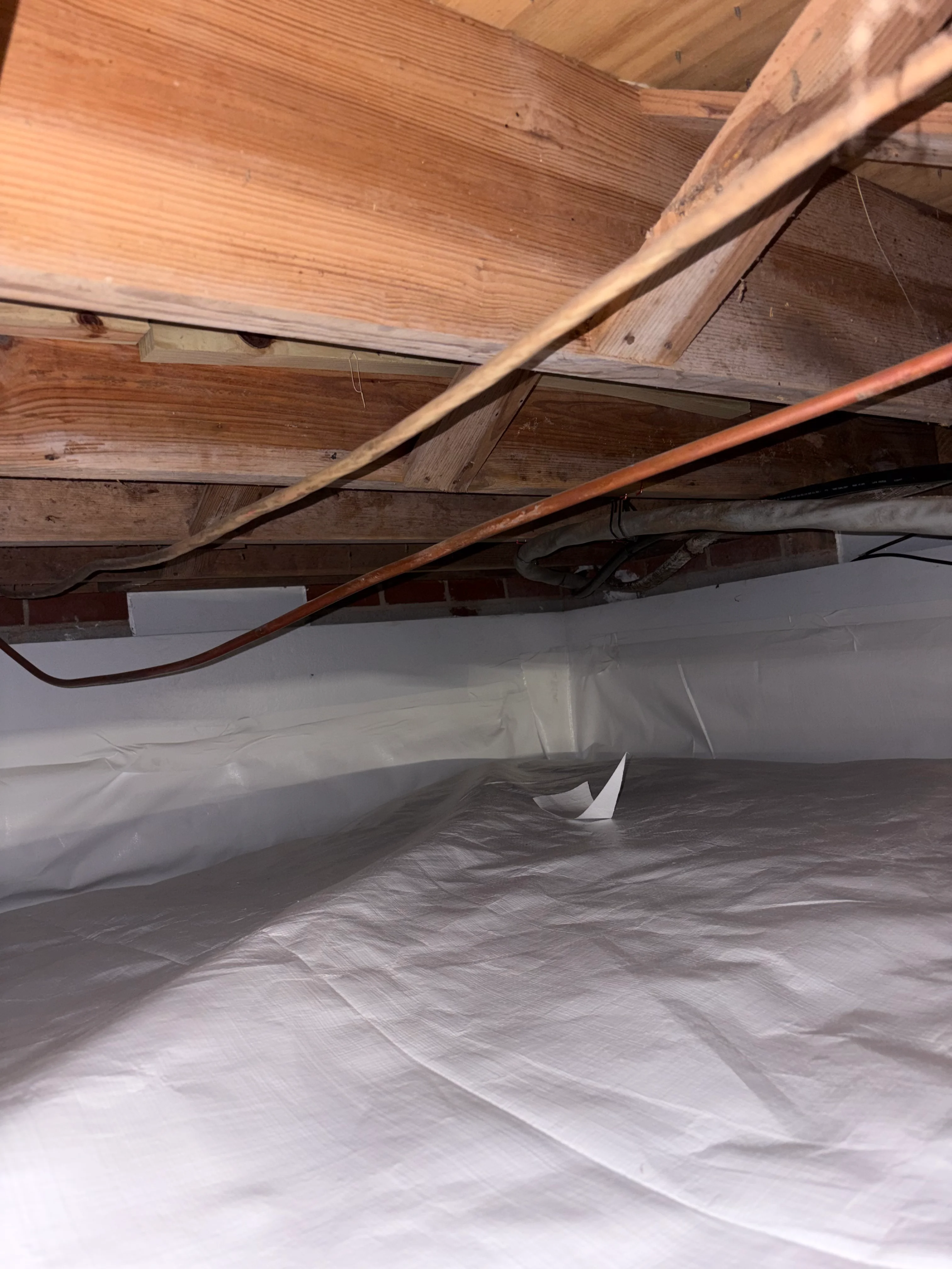 Crawl space with white vapor barrier and exposed wooden joists and copper piping