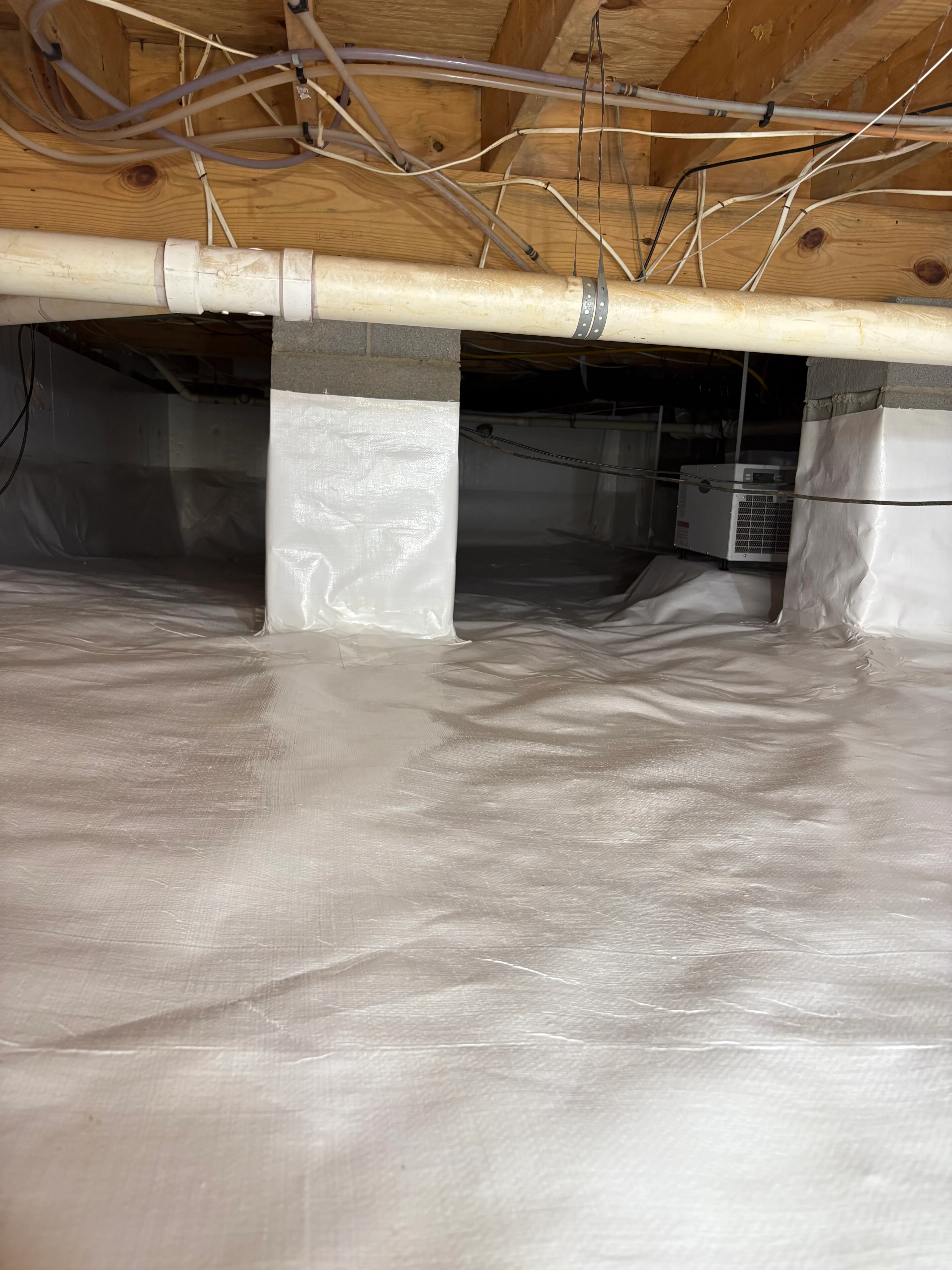 Crawl space with white vapor barrier, PVC piping, and sealed support columns