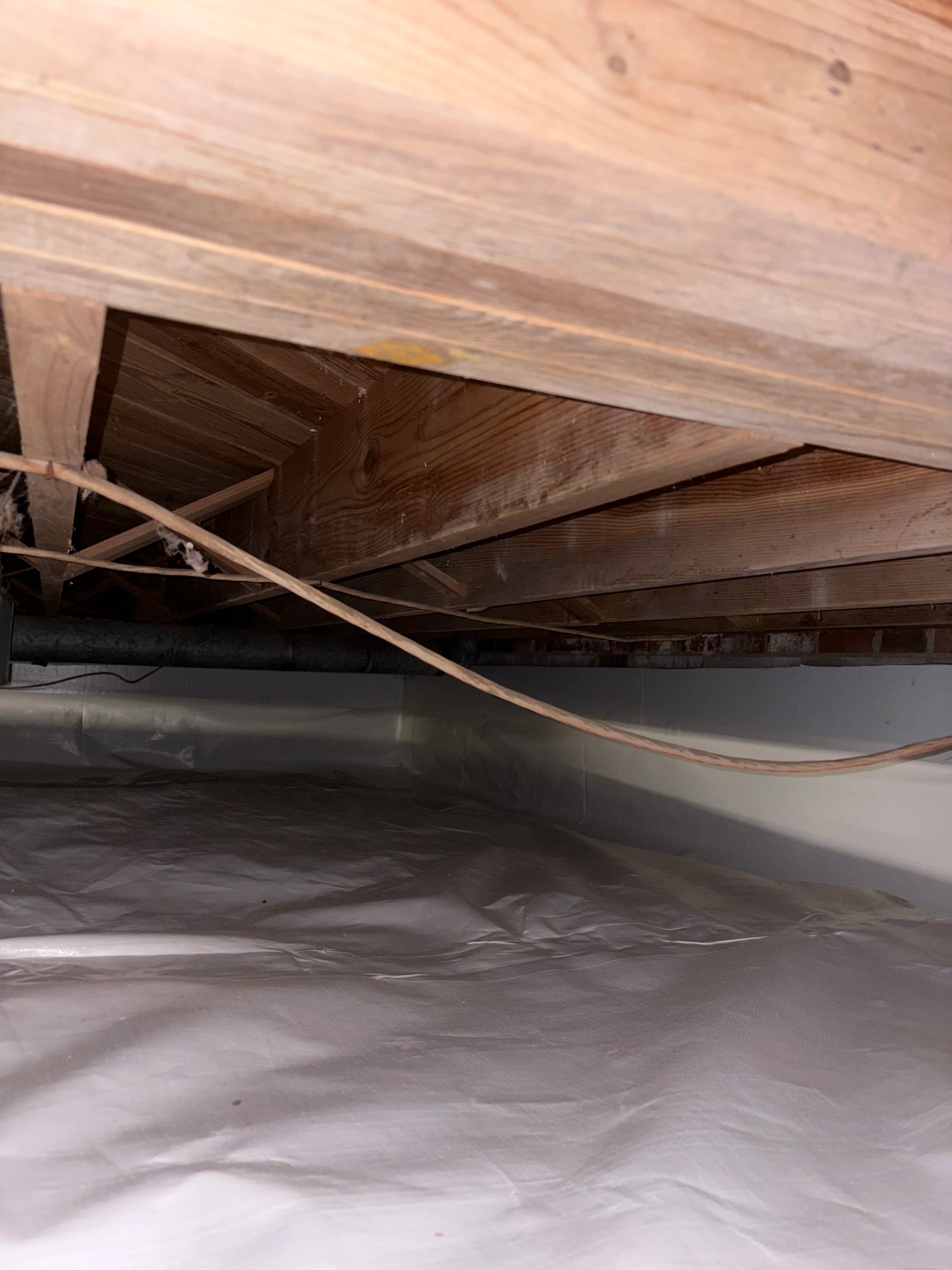 Crawl space with white vapor barrier and wooden support beams installed