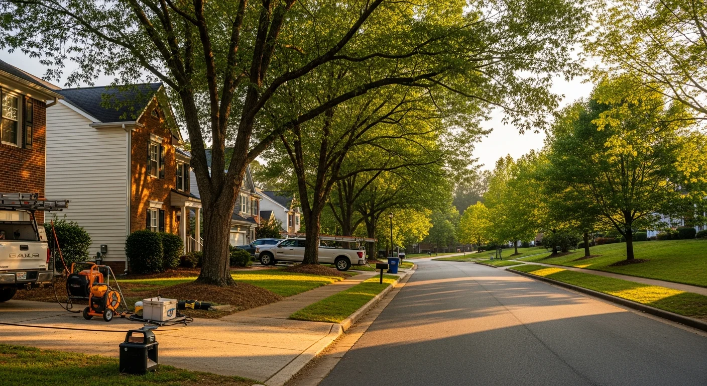 Residential street in Greensboro with well-maintained homes and mature trees lining the sidewalk.