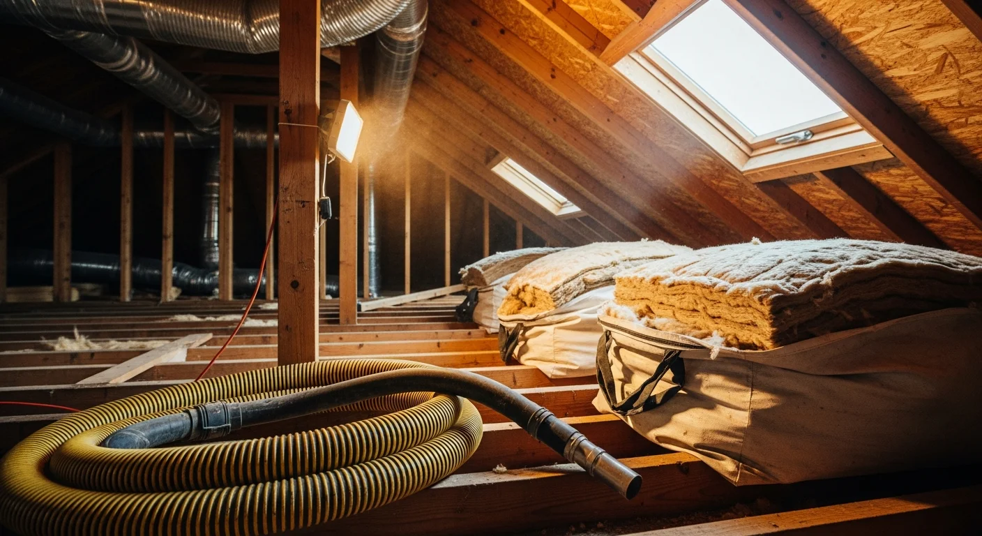A Greensboro attic after insulation removal, showing a clean, cleared floor with exposed joists and no remaining debris. A commercial vacuum hose is visible near the attic access point, indicating professional extraction work.