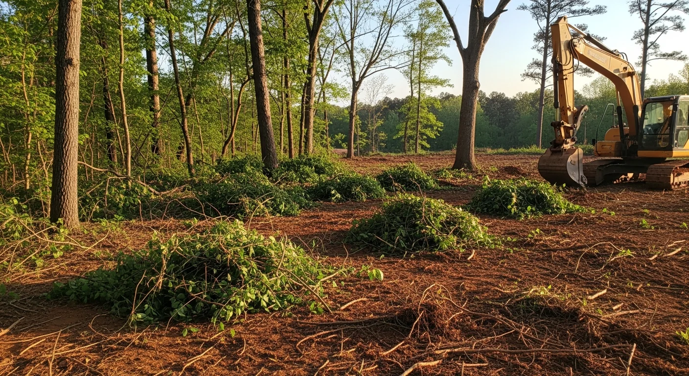 A cleared residential lot in Greensboro, NC showing bare ground and open access after dense underbrush and woody scrub have been removed by an excavation contractor. The crawlspace foundation perimeter is fully visible with no vegetation obstruction.