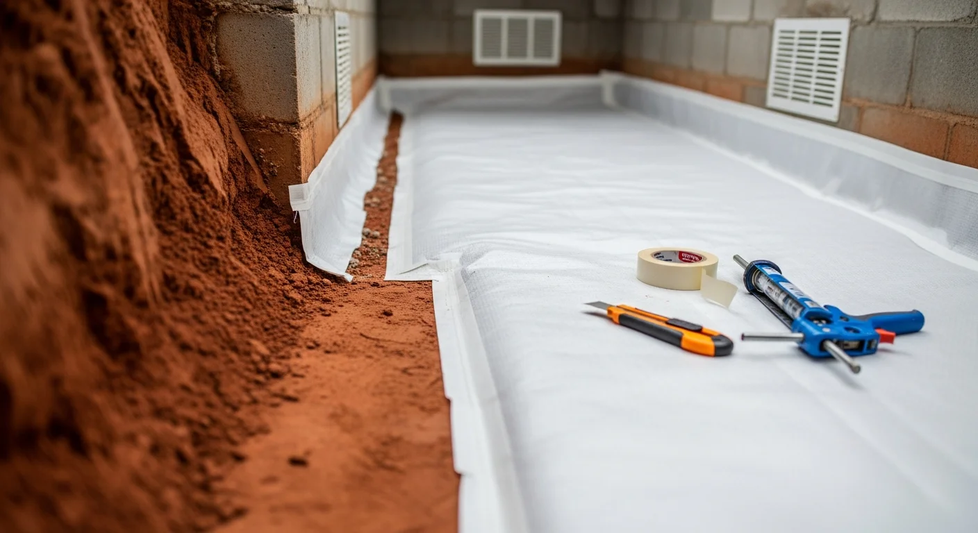 A sealed crawlspace beneath a Greensboro home with a white vapor barrier covering the dirt floor and foundation walls. The space is dry and clean with no visible mold or standing water.