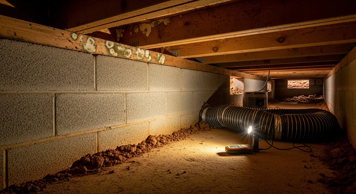 A crawlspace contractor from Cow City Crawlspace LLC inspecting floor joists and foundation walls beneath a Greensboro home, with a moisture meter in hand and visible dirt floor below.