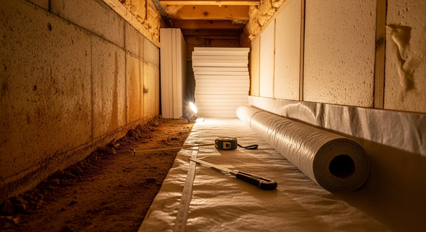 A clean, insulated crawlspace beneath a Greensboro home with new insulation installed between floor joists and a vapor barrier covering the ground. The space shows no visible moisture damage or sagging insulation.