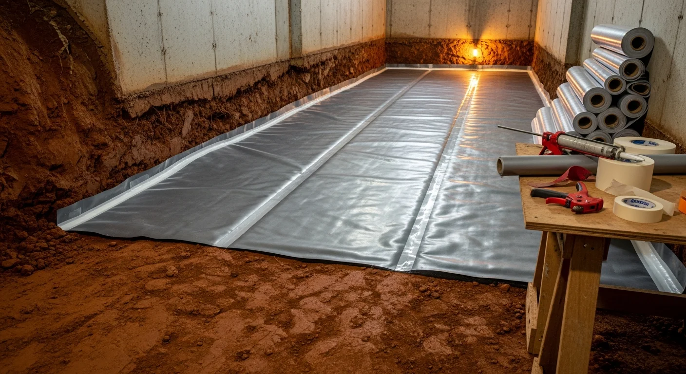 A freshly installed crawlspace vapor barrier covering the dirt floor and lower foundation walls beneath a Greensboro home. The white polyethylene sheeting is sealed at the seams and pressed flat against the concrete block foundation.