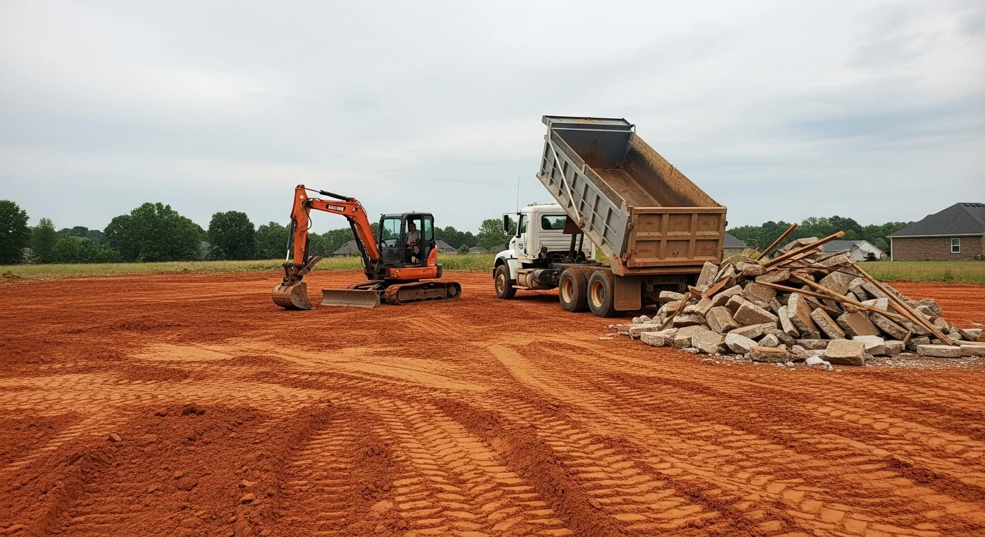 A cleared residential excavation site in Greensboro, NC with soil and construction debris loaded into a contractor haul truck. The crawlspace access area is visible in the background with the ground fully cleared and ready for the next phase of work.