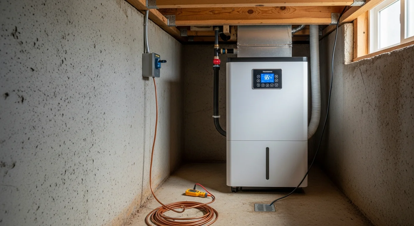 A crawl space dehumidifier installed on a level platform beneath a Greensboro home, with a drainage hose connected and a vapor barrier visible across the crawl space floor. The unit sits clear of the foundation walls to allow proper airflow through the enclosed space.