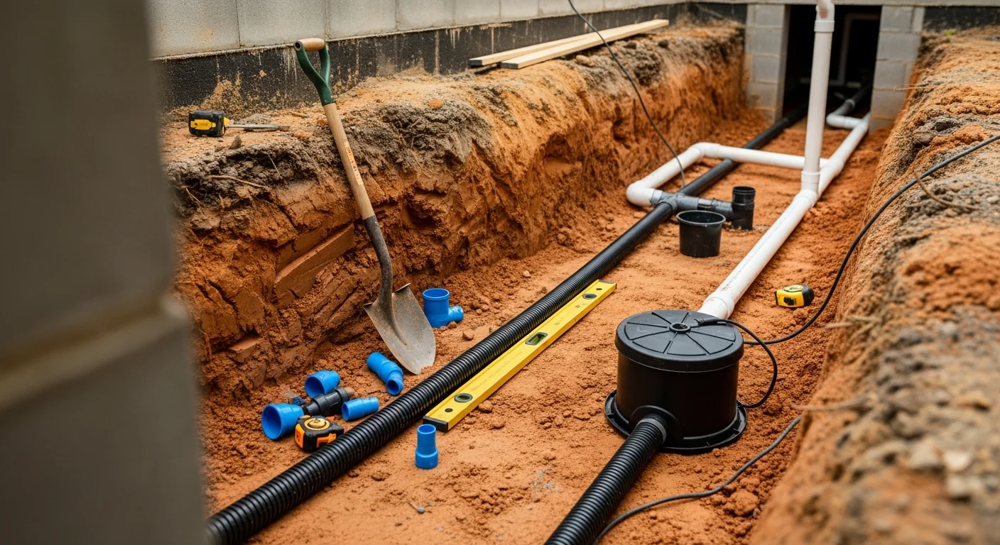 Interior crawlspace drainage channel installed along the perimeter of a Greensboro home's foundation, with a sump pump pit visible in the corner. The crawlspace floor shows gravel bedding and a vapor barrier laid over bare soil.