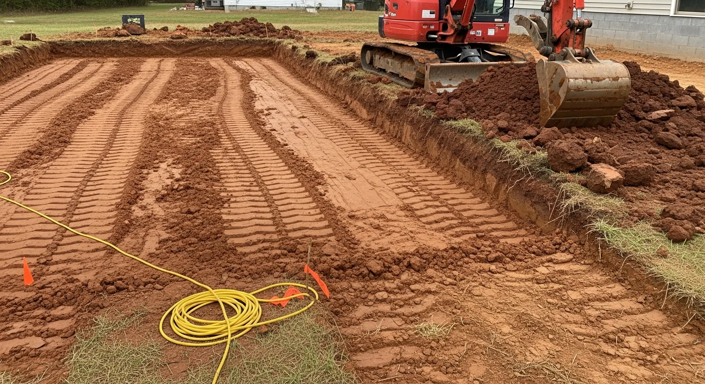 Excavator removing clay soil from a residential crawlspace in Greensboro, NC, with graded earth and cleared site visible around the foundation. The exposed crawlspace floor is level and ready for encapsulation work.