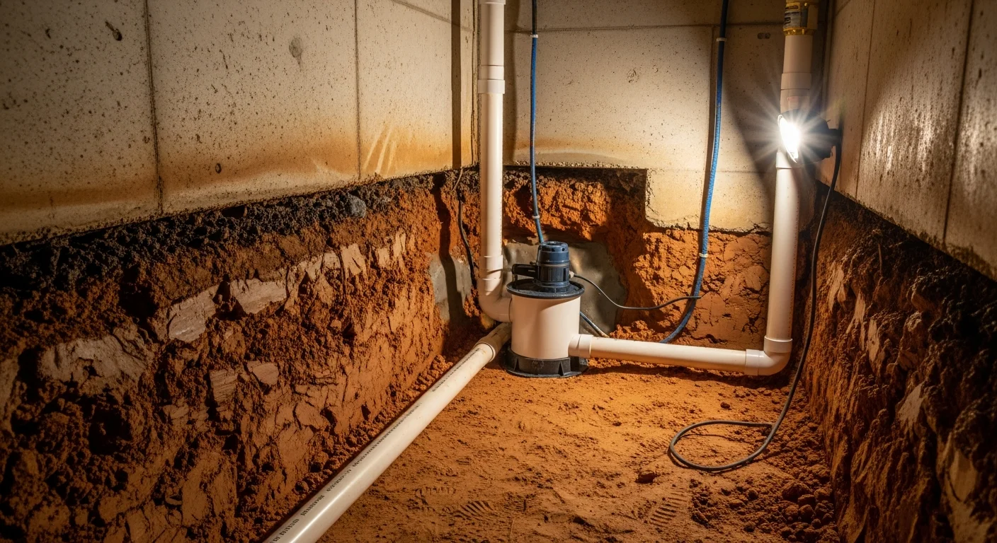 Interior view of a Greensboro crawlspace showing a repaired perimeter drainage channel along the foundation wall with dry soil and clean concrete block. A sump pump basin is visible in the corner of the crawlspace floor.