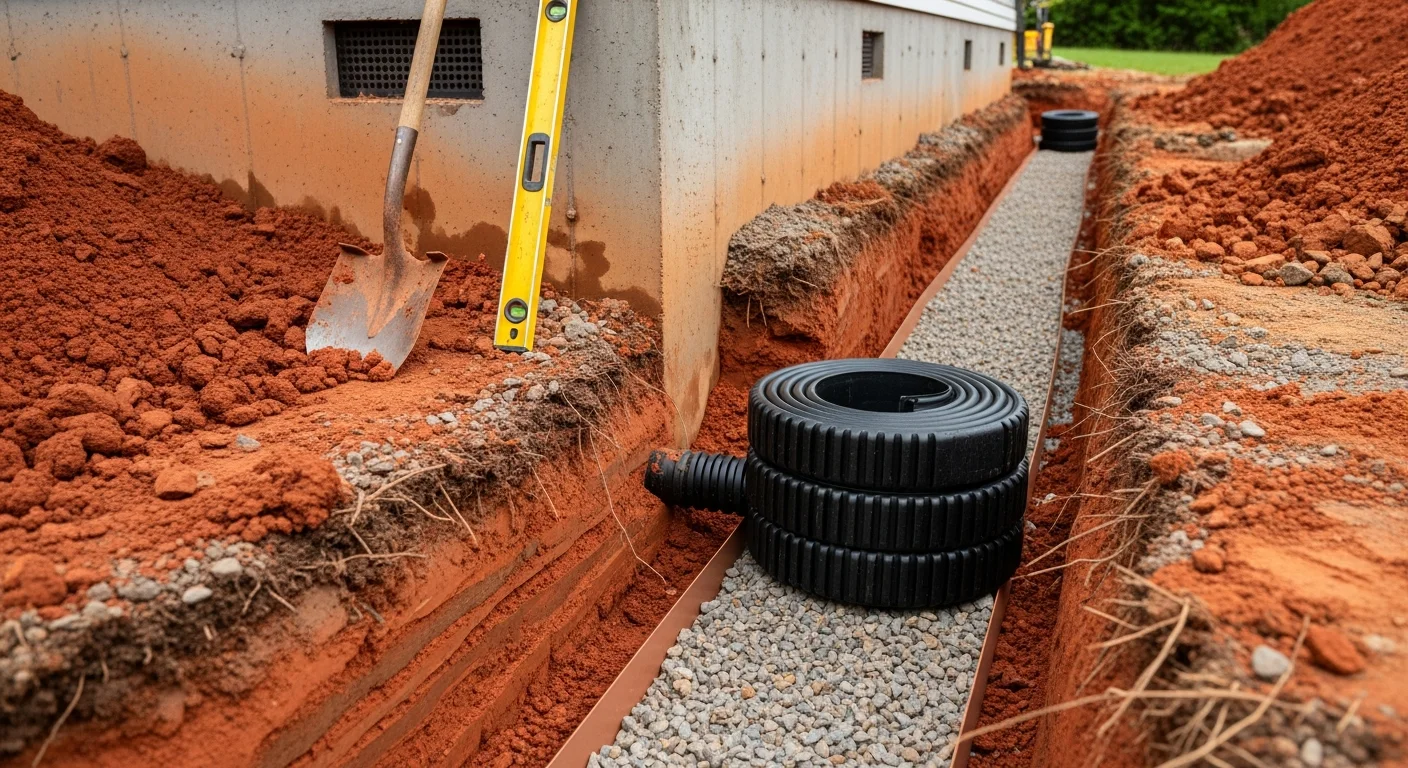 A freshly installed French drain system running along the perimeter of a crawlspace foundation in a Greensboro residential property, showing a gravel-lined trench with perforated pipe before backfill. The surrounding clay soil is visible, with no standing water present near the foundation wall.