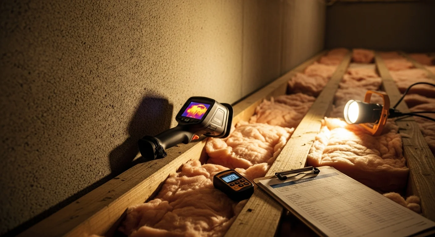 A Cow City Crawlspace LLC technician inspecting sagging and moisture-damaged crawlspace insulation beneath a Greensboro, NC home. The image shows exposed floor joists, deteriorating insulation batts, and a flashlight illuminating problem areas along the subfloor.