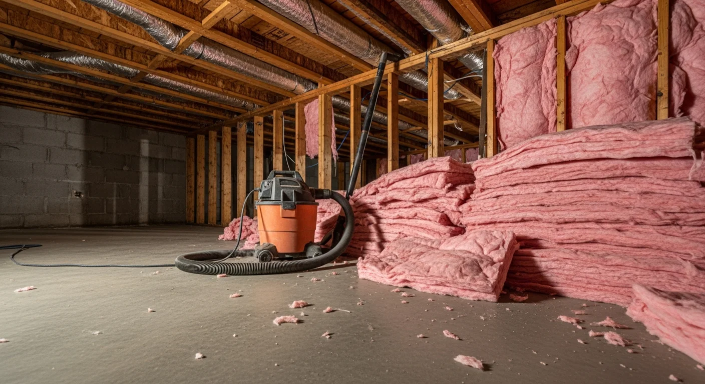 A Greensboro crawlspace with old, sagging fiberglass batt insulation being pulled from floor joists by a technician in protective gear. The cleared joist bays and dirt floor are visible, ready for moisture barrier installation.