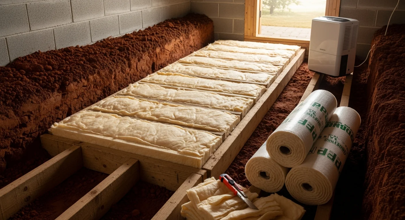 A Greensboro crawlspace with freshly installed floor joist insulation replacing old, moisture-damaged material. The crawlspace floor is clean and dry, showing the condition after professional insulation replacement by Cow City Crawlspace LLC.
