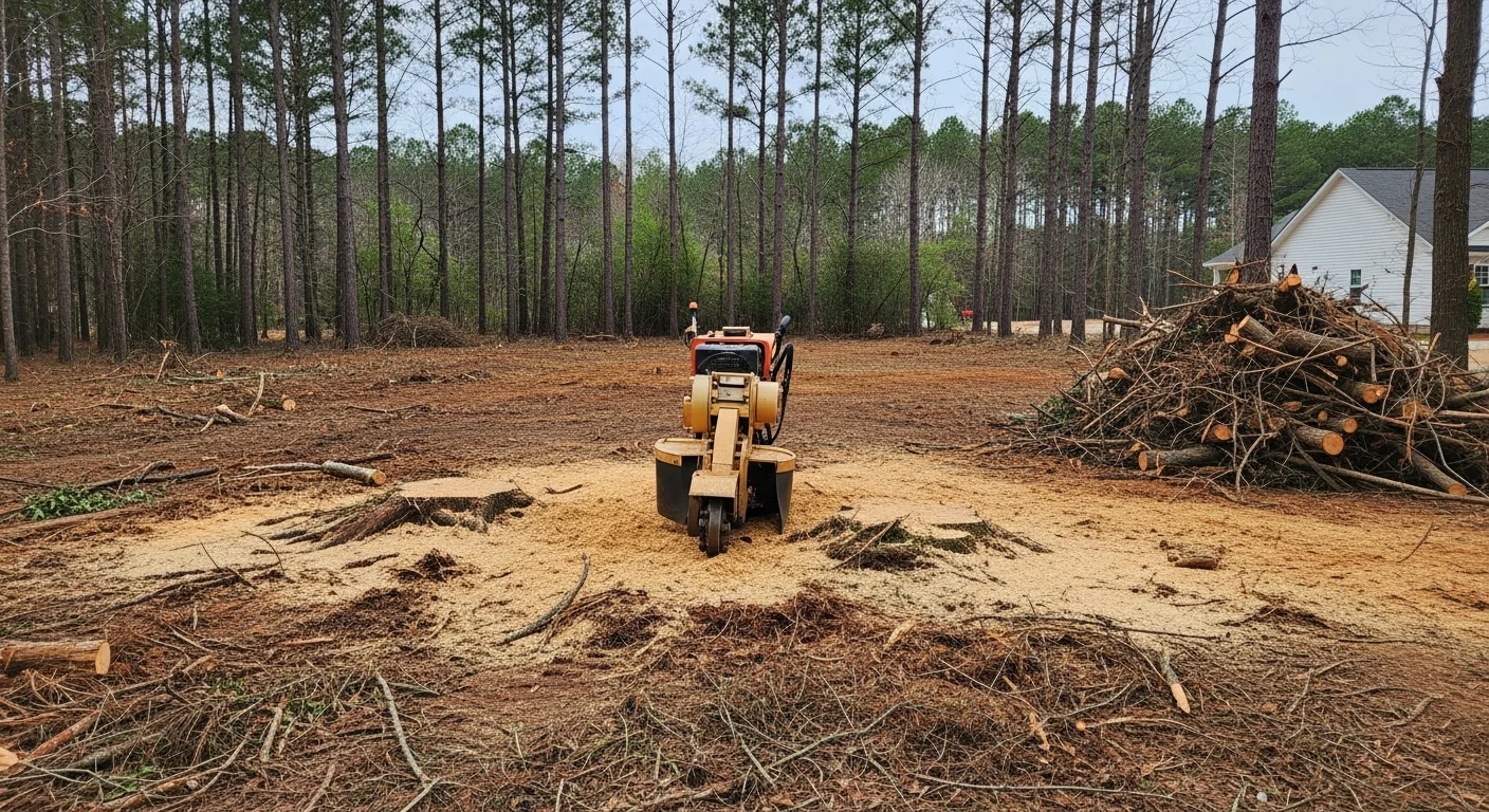 A freshly cleared residential lot in Greensboro, NC showing bare ground with stumps removed and brush hauled away, ready for grading and construction. An excavation contractor's equipment is visible at the edge of the cleared area.