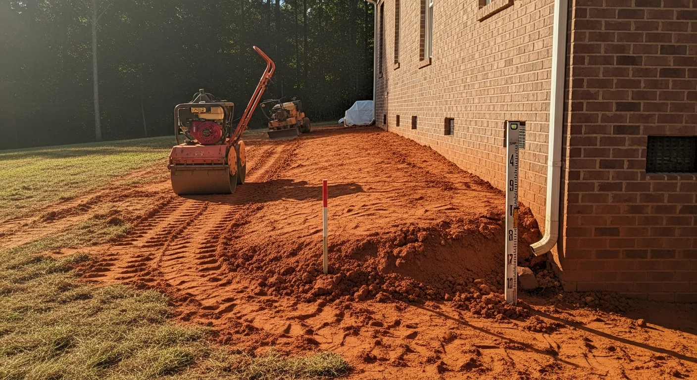 A Greensboro residential yard after land grading, showing a smooth outward slope away from the home's foundation with no standing water. Compacted soil grades evenly from the crawlspace foundation wall toward the yard perimeter.