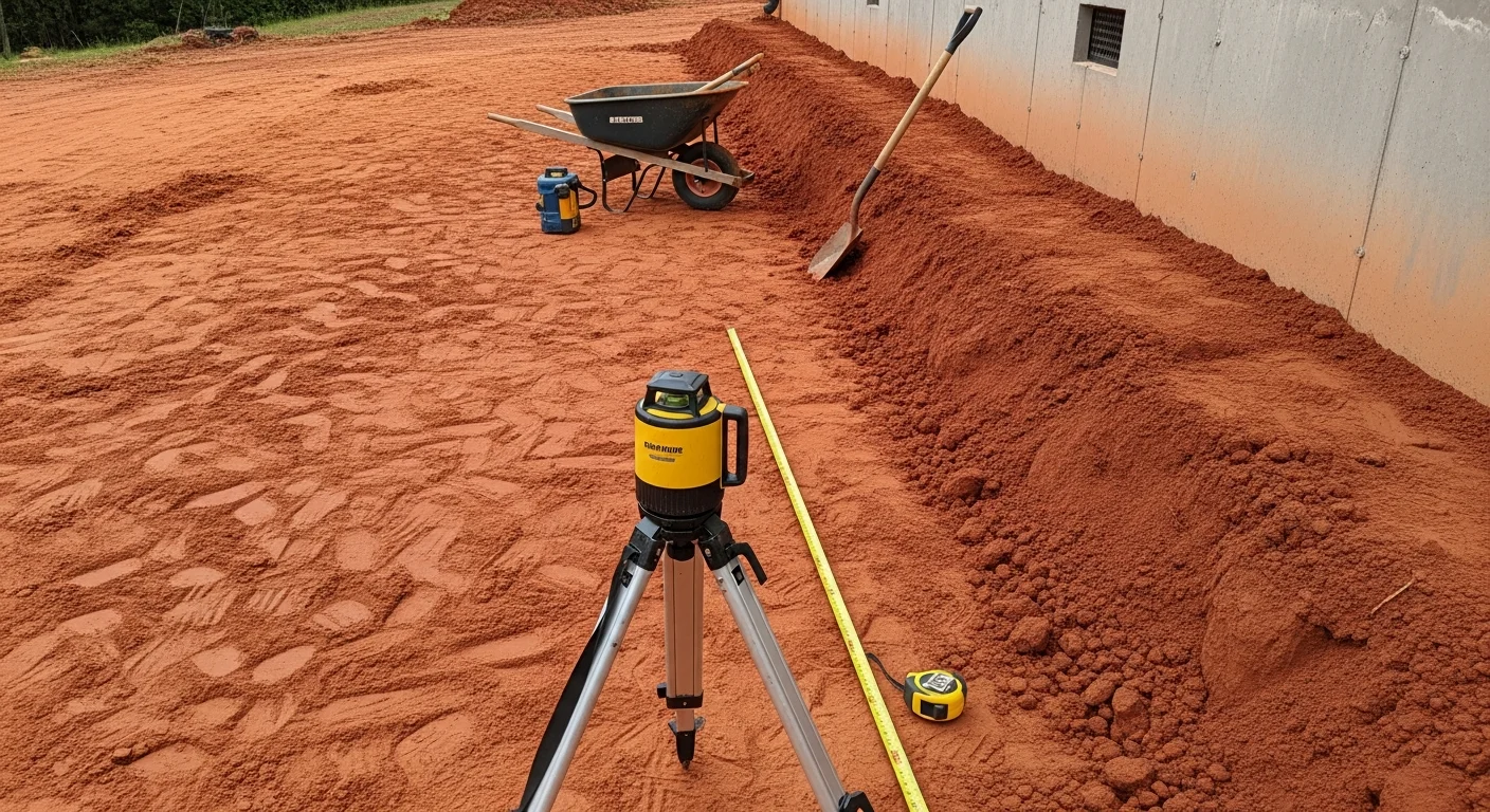 A Greensboro residential yard after site grading, showing soil sloped away from the home's foundation with no standing water near the crawlspace access. Freshly shaped ground runs evenly from the base of the house toward the yard.