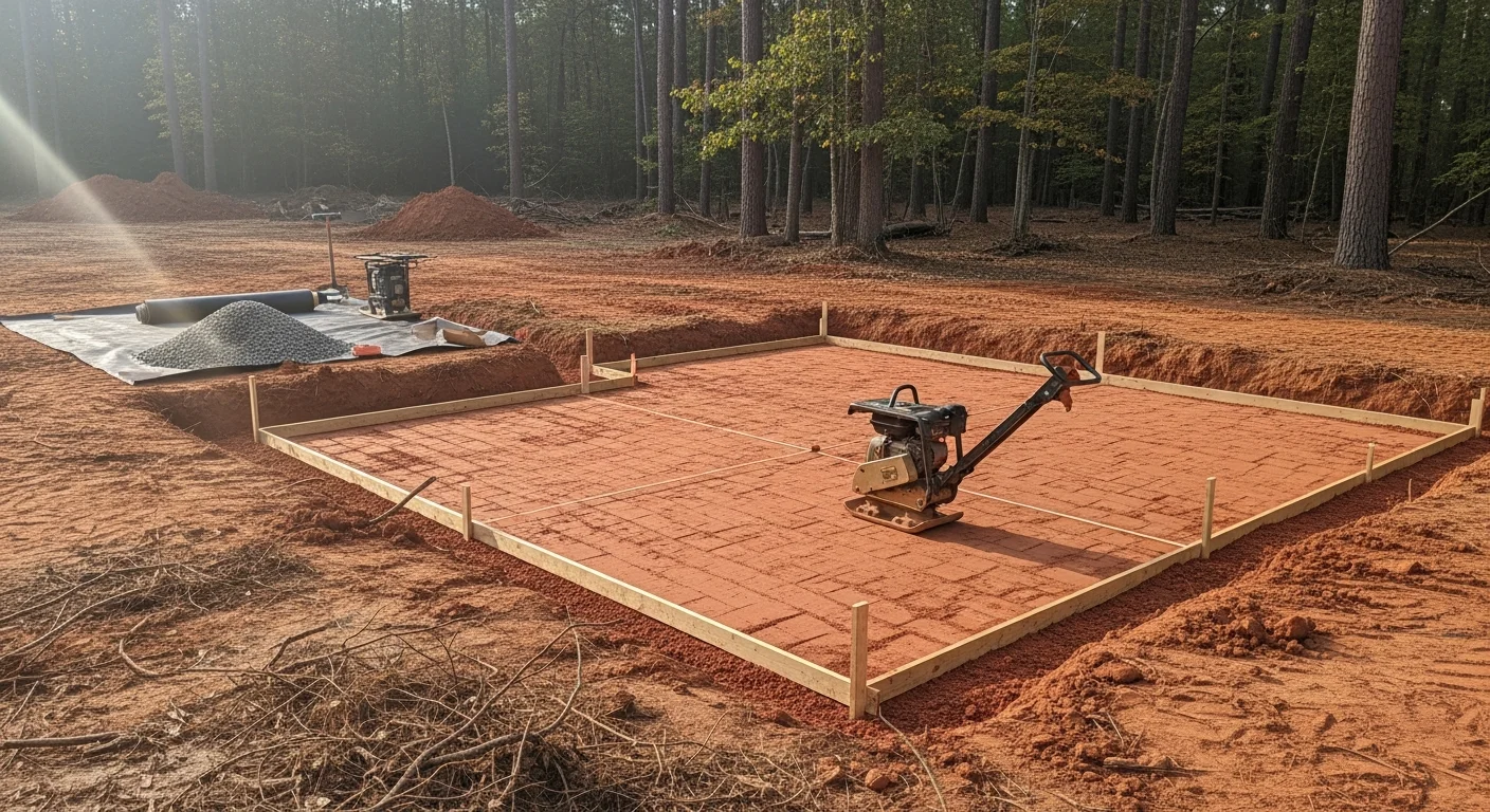 A Greensboro residential lot after site preparation, showing freshly graded and compacted soil with a level building pad ready for foundation work. Red clay subsoil is visible along the graded edges, with erosion control measures in place along the property line.